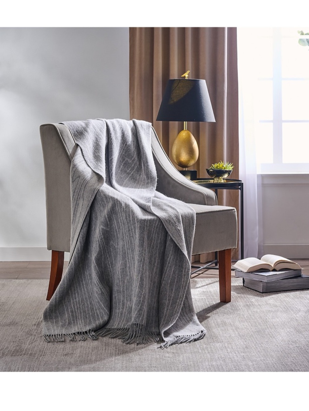 Michael Aram Woodgrain Throw Blanket w/ Fringe 100% Wool